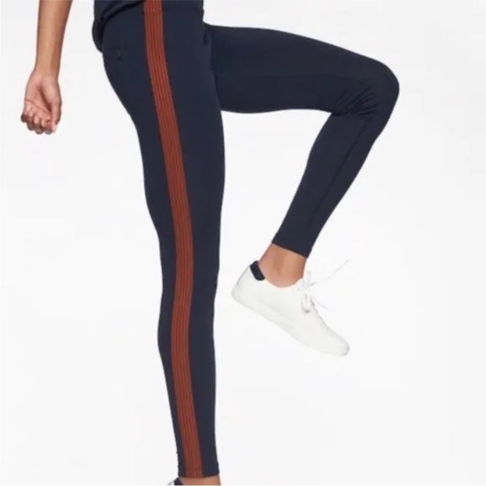 Athleta Track Tux Navy Blue Leggings Brown Stripe High Waist Size S